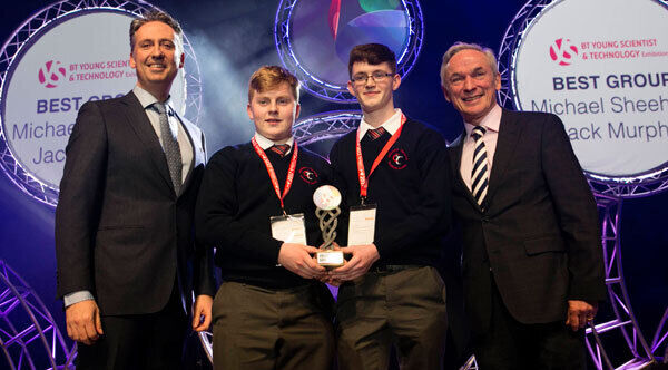 Shay Walsh, Managing Director BT Ireland and Minister for Education and Skills Richard Bruton TD present the Best Group Award to Michael Sheehan and Jack Murphy from Colaiste Treasa Cork. Shay Walsh, Managing Director BT Ireland and Minister for Education and Skills Richard Bruton TD present the Best Group Award to Michael Sheehan and Jack Murphy from Colaiste Treasa Cork.