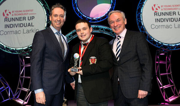 Shay Walsh, Managing Director BT Ireland and Minister for Education and Skills Richard Bruton TD present the Runner Up Individual Award to Cormac Larkin, Colaiste An Spioraid Naoimh Co Cork. Shay Walsh, Managing Director BT Ireland and Minister for Education and Skills Richard Bruton TD present the Runner Up Individual Award to Cormac Larkin, Colaiste An Spioraid Naoimh Co Cork.