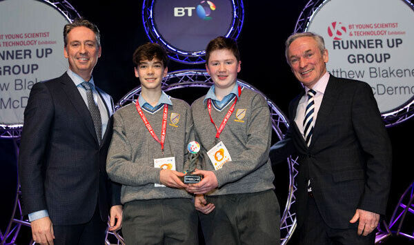 Shay Walsh, Managing Director BT Ireland and Minister for Education and Skills Richard Bruton TD present the Runner Up Group Award to Matthew Blakeney and Mark Mc Dermott from Jesus & Mary Secondary School, Sligo. Shay Walsh, Managing Director BT Ireland and Minister for Education and Skills Richard Bruton TD present the Runner Up Group Award to Matthew Blakeney and Mark Mc Dermott from Jesus & Mary Secondary School, Sligo.