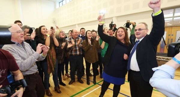 Sinn Féin candidates for West Tyrone Barry McElduff (right) and Michaela Boyle celebrate having been deemed elected at the Omagh count centre. Sinn Féin candidates for West Tyrone Barry McElduff (right) and Michaela Boyle celebrate having been deemed elected at the Omagh count centre.