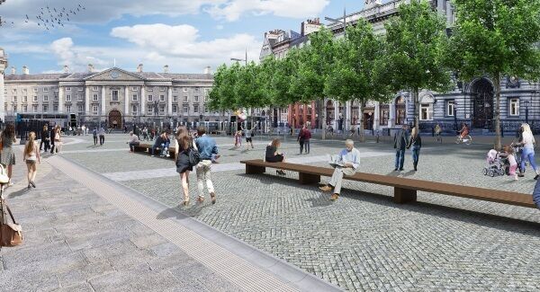 An artist's impression of the Dublin City Council proposal showing the view from College Green towards Trinity College. An artist's impression of the Dublin City Council proposal showing the view from College Green towards Trinity College.