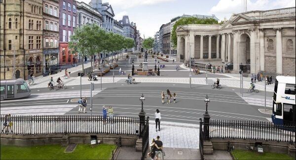 An artist's impression of the Dublin City Council proposal showing the College Green view from Trinity College. An artist's impression of the Dublin City Council proposal showing the College Green view from Trinity College.
