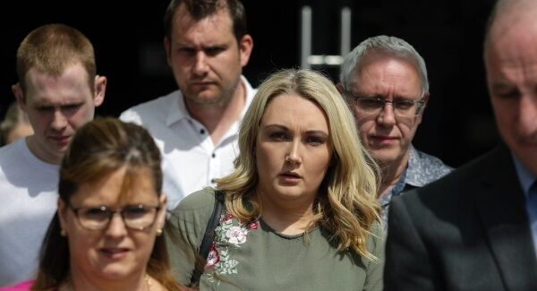 (Centre) Sonia Blount&rsquo;s sister Claire Reddin outside court after Eric Locke was sentenced to life for murder. Picture: Courtpix