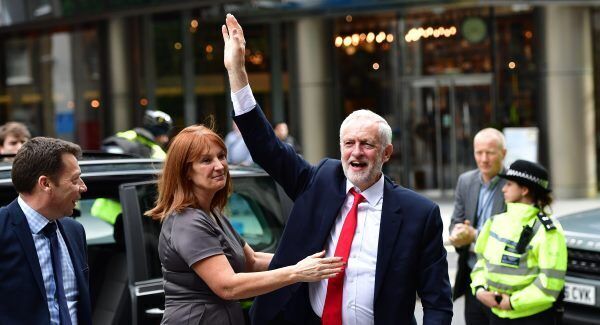 Labour leader Jeremy Corbyn is greeted by hiis Office Director Karie Murphy as he arrives at Labour Party HQ in Westminster. Photo: Dominic Lipinski/PA Wire