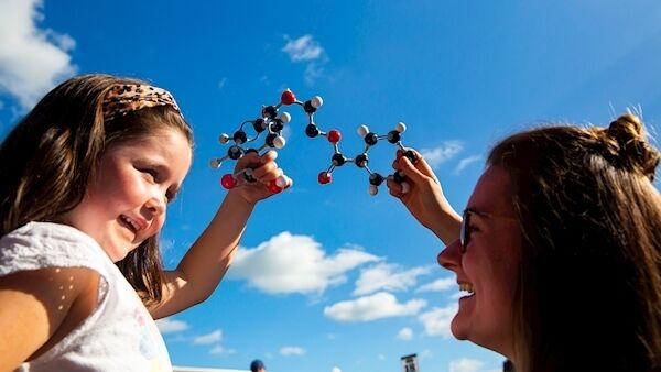 Aoibheann Doyle, with Aoife Holohan, Beacon Research Centre, with the molecular structure of biodegradable plastics. Picture: Patrick Browne