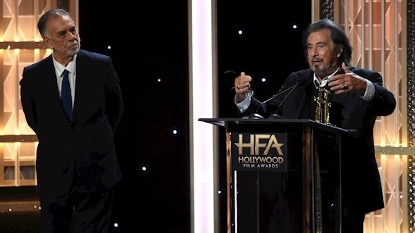 Al Pacino accepts the Hollywood supporting actor award for "The Irishman" at the 23rd annual Hollywood Film Awards on Sunday, November 3, 2019, at the Beverly Hilton Hotel in Beverly Hills, Calif. Looking at left is presenter Francis Ford Coppola. Photo: Chris Pizzello/Invision/AP.