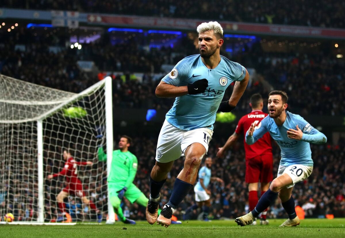 OFF AND RUNNING: Man City goal-machine Sergio Aguero celebrates after striking early against title rivals Liverpool at the Etihad Stadium on January 3. Picture: Clive Brunskill, Getty Images