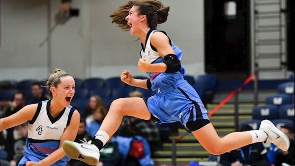 FLYING FORM: MVP Dayna Finn of Maree leads the celebrations at the National Arena in Tallaght afterbeating Ulster University Elks in the Women’s Div 1 National Cup final. Picture: Brendan Moran