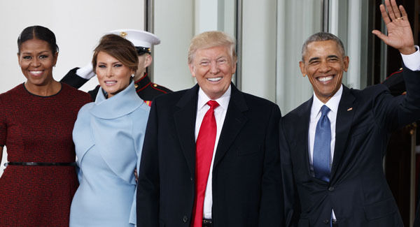 Out-going President Barack Obama and first lady Michelle Obama stand with President-elect Donald Trump and his wife Melania Trump at the White House in Washington. (AP Photo/Evan Vucci)