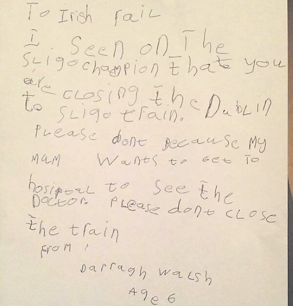 The letter to Irish Rail from Sligo boy Darragh Walsh, aged 6.