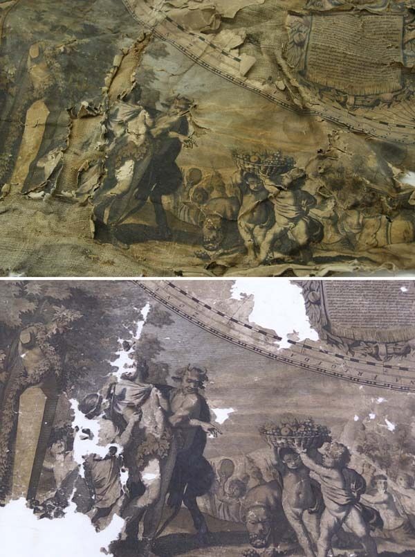 Photo issued by the National Library of Scotland of a detail of the rare 17th-century map of the world found stuffed up a chimney, before (bottom) and after (top) restoration work.