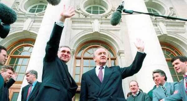 File photo dated 19/11/94 of Bertie Ahern, the new leader of Ireland's Fianna Fail party (left) with outgoing leader Albert Reynolds in Dublin. The 43-year-old former finance minister was unanimously elected follownig the resignation of Albert Reynolds. File photo dated 19/11/94 of Bertie Ahern, the new leader of Ireland's Fianna Fail party (left) with outgoing leader Albert Reynolds in Dublin. The 43-year-old former finance minister was unanimously elected follownig the resignation of Albert Reynolds.