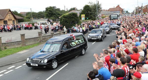 The funeral cortege leaves St Joseph's Church in Blackhall. Picture: Owen Humphreys/PA Wire The funeral cortege leaves St Joseph's Church in Blackhall. Picture: Owen Humphreys/PA Wire
