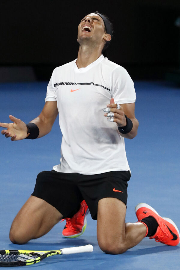 Spain's Rafael Nadal celebrates after defeating Bulgaria's Grigor Dimitrov during their semifinal at the Australian Open tennis championships. Spain's Rafael Nadal celebrates after defeating Bulgaria's Grigor Dimitrov during their semifinal at the Australian Open tennis championships.