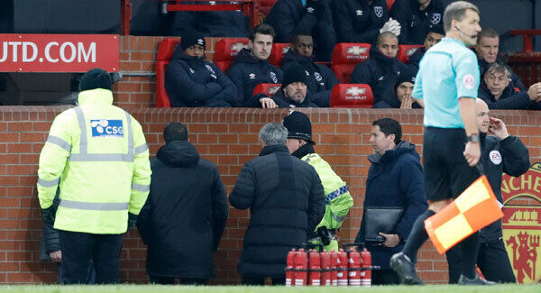 Manchester United manager Jose Mourinho (centre) is sent to the stands at Old Trafford. Photo: Martin Rickett/PA