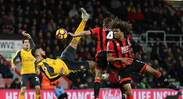 Arsenal's Olivier Giroud makes an attempt on goal at the Vitality Stadium. Photo: Andrew Matthews/PA Arsenal's Olivier Giroud makes an attempt on goal at the Vitality Stadium. Photo: Andrew Matthews/PA