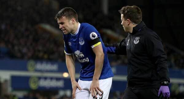 Everton's Seamus Coleman is injured at Goodison Park. Photo: Peter Byrne/PA