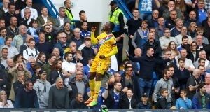 Crystal Palace's Christian Benteke celebrates scoring his side's first goal of the game during the Premier League match at Stamford Bridge, London.