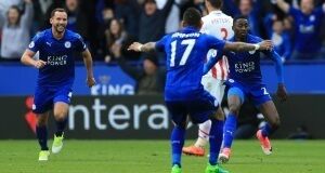 Leicester City's Wilfred Ndidi celebrates scoring his sides opening goal during the Premier League match at the King Power Stadium, Leicester.