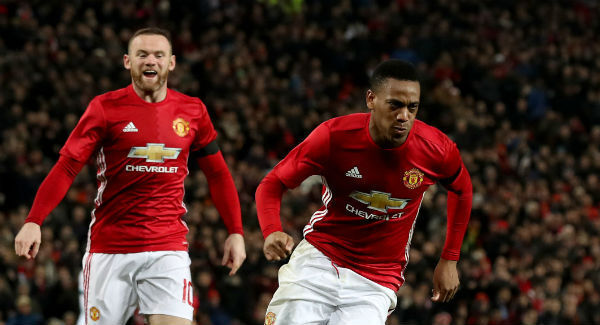 Manchester United's Anthony Martial celebrates scoring his side's second goal of the game at Old Trafford. Photo: Martin Rickett/PA