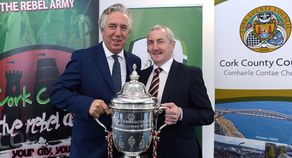 19 December 2016; John Delaney, FAI Chief Executive, left, and Cork City manager John Caulfield with the Irish Daily Mail Cup during the Glanmire Facility Launch at Vertigo in the Cork Convention Bureau. Photo by EĂłin Noonan/Sportsfile 19 December 2016; John Delaney, FAI Chief Executive, left, and Cork City manager John Caulfield with the Irish Daily Mail Cup during the Glanmire Facility Launch at Vertigo in the Cork Convention Bureau. Photo by EĂłin Noonan/Sportsfile