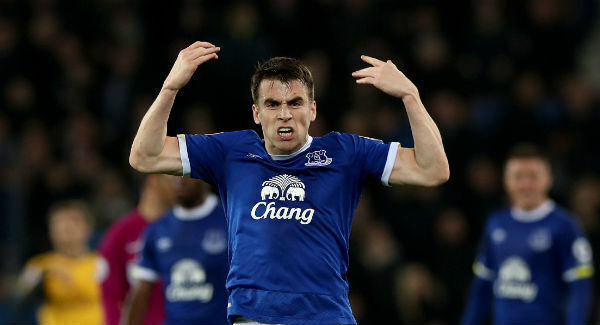 Everton's Seamus Coleman celebrates scoring his side's first goal at Goodison Park. Photo: Peter Byrne/PA