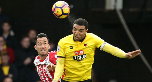 Southampton's Maya Yoshida (left) and Watford's Troy Deeney battle for the ball during the Premier League match at Vicarage Road, Watford. Picture: PA