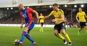 Crystal Palace's Andros Townsend (left) and Middlesbrough's Ben Gibson battle for the ball during the Premier League match at Selhurst Park, London. PRESS ASSOCIATION Photo.