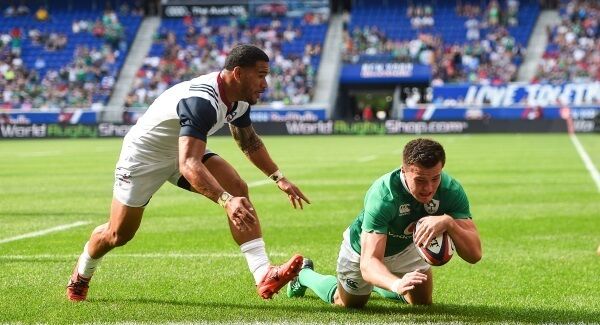 Jacob Stockdale of Ireland scores his side's second try during the international match between Ireland and USA at the Red Bull Arena in Harrison, New Jersey, USA. Photo by Ramsey Cardy/Sportsfile