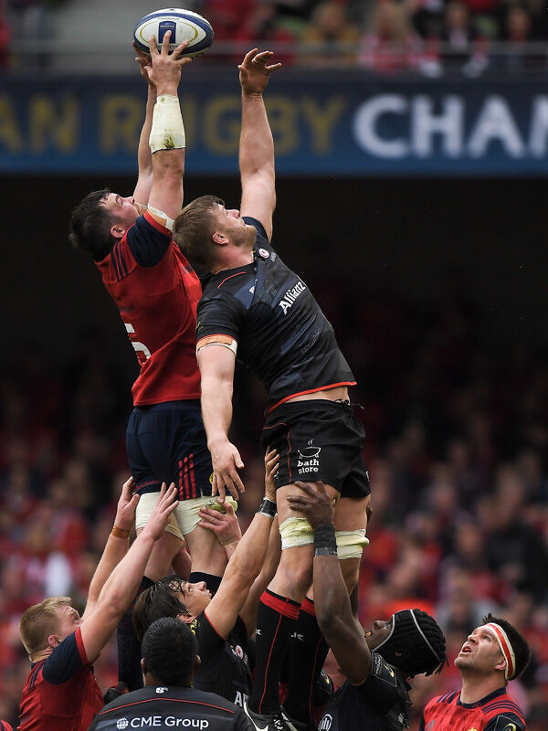 Peter O’Mahony of Munster wins a lineout from George Kruis of Saracens during the European Rugby Champions Cup Semi-Final match between Munster and Saracens at the Aviva Stadium in Dublin. Photo by Brendan Moran/Sportsfile Peter O’Mahony of Munster wins a lineout from George Kruis of Saracens during the European Rugby Champions Cup Semi-Final match between Munster and Saracens at the Aviva Stadium in Dublin. Photo by Brendan Moran/Sportsfile