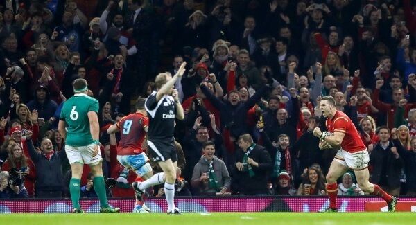 Wales' George North celebrates scoring their second try. Pic: INPHO/James Crombie