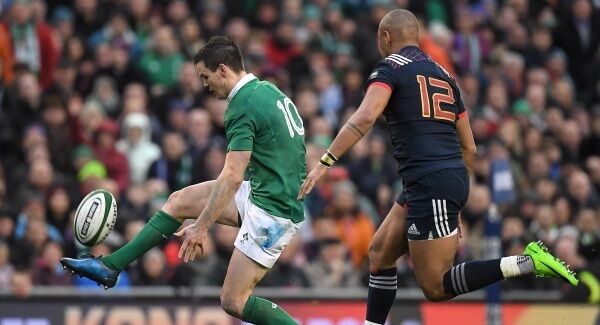 Jonathan Sexton of Ireland chips ahead despite the efforts of Gael Fickou of France during the RBS Six Nations Rugby Championship game between Ireland and France at the Aviva Stadium in Lansdowne Road, Dublin. Photo by Ramsey Cardy/Sportsfile