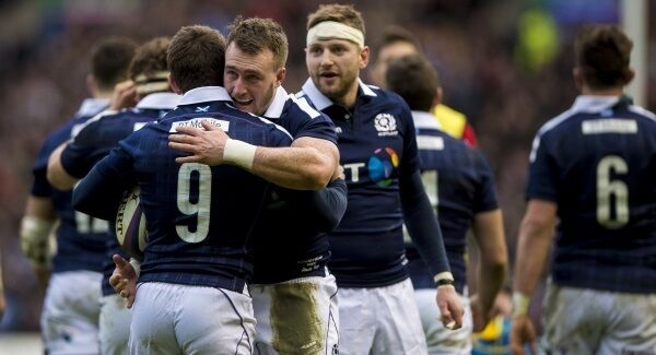 Stuart Hogg celebrates with Greg Laidlaw.