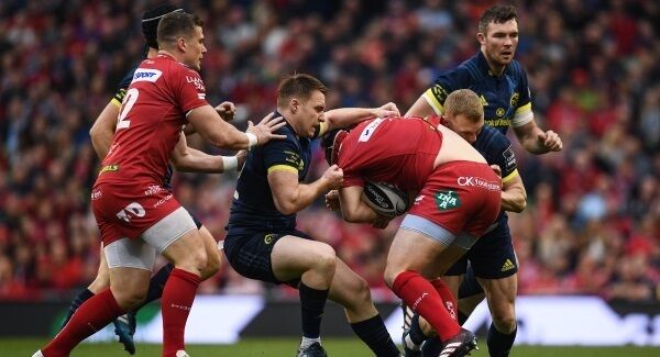 Ryan Elias of Scarlets is tackled by Rory Scannell of Munster during the Guinness PRO12 Final between Munster and Scarlets at the Aviva Stadium in Dublin. Photo by Ramsey Cardy/Sportsfile.