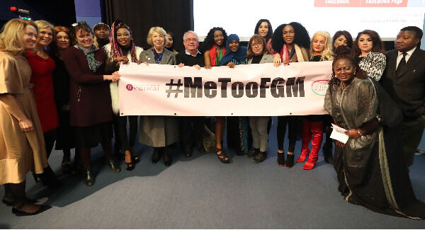 Politicians and activists including Sabina Higgins, wife of President Michael D Higgins, join Ifrah Ahmed (centre) as she launches #MeTooFGM, a worldwide social media campaign against female genital mutilation (FGM), at the lighthouse Cinema in Dublin. Pic: Niall Carson/PA Wire