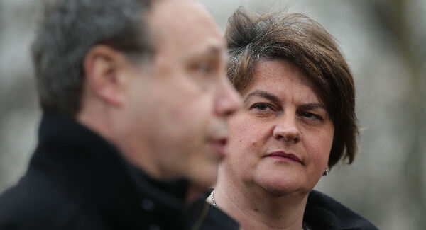 DUP leader Arlene Foster and deputy leader Nigel Dodds speaking to the media on College Green in Westminster, London. Pic: Yui Mok/PA Wire