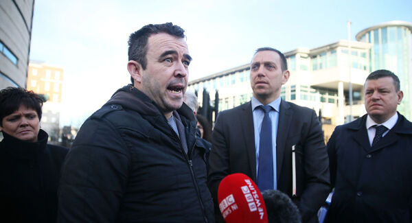 Ciaran Fox, son of Eamon Fox who was shot dead by the UVF, speaking outside Laganside courts, Belfast during the sentence hearing of loyalist supergrass Gary Haggarty. Photo: Brian Lawless/PA