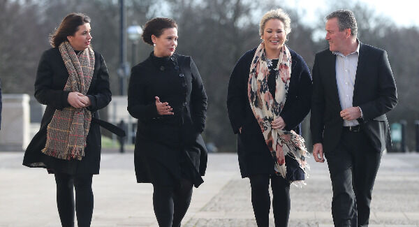 Sinn Féin's Elisha McCallion, Mary Lou McDonald, Michellle O'Neill and Conor Murphy arrive at Stormont Parliament Buildings in Belfast this morning. Pic: Niall Carson /PA Wire Sinn Féin's Elisha McCallion, Mary Lou McDonald, Michellle O'Neill and Conor Murphy arrive at Stormont Parliament Buildings in Belfast this morning. Pic: Niall Carson /PA Wire