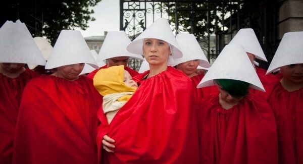 Rosa (For Reproductive Rights Against Opression, Sexism & Austerity) campaigners dressed as Handmaids during a lobby for Pro Choice at Leinster House, Dublin following the start of The Oireachtas Committee on the 8th Ammendment Photo: Gareth Chaney Collins