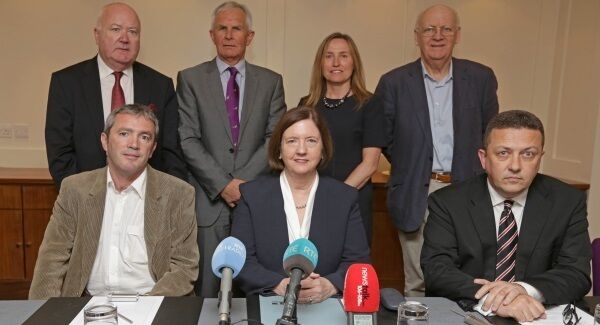 Members of the Commission of the Future of Policing, (back LtoR) Conor Brady, Sir Peter Fahy, Helen Ryan and Dr Eddie Molloy with (front LtoR) Dr Johnny Connolly, Chairperson Kathleen O’Toole and Prof Donncha O’Connell at a press briefing today at the Fitzwilliam Hotel in Dublin after the Commission’s first meeting. Photo: Laura Hutton/Collins Photo Agency.