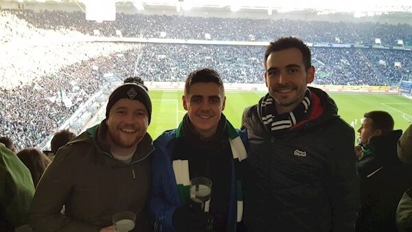 ON TOUR: Ryan Grace, Richie Delahunty, and the author, Stephen Barry, inside Borussia Mönchengladbach’s Borussia Park. Gladbach are surprise leaders of the Bundesliga, four points clear of their nearest rivals. ON TOUR: Ryan Grace, Richie Delahunty, and the author, Stephen Barry, inside Borussia Mönchengladbach’s Borussia Park. Gladbach are surprise leaders of the Bundesliga, four points clear of their nearest rivals.