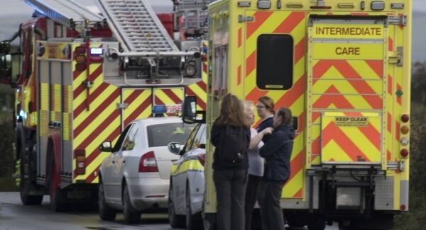 Parents anxiously waiting at the scene near Lifford in Co. Donegal where a van collided with a school bus earlier this morning. Pic: Newspix