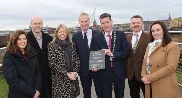 Beverley Clyde of RTPI NI, David Mounstephen of RTPI NI best places independent judging panel, chief planning officer Fiona McCandless, Stephen Wilkinson of MRTPI, deputy mayor of Derry John Boyle, planning committee chairman Dan Kelly and Karen Philips of Derry City and Strabane District Council. Photo: Lorcan Doherty/PA Wire