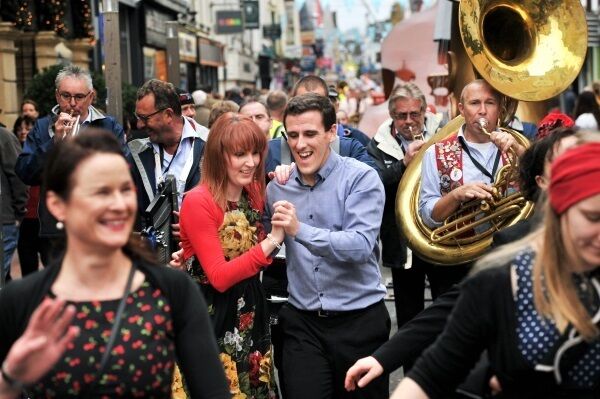 The Cork Swing Dance group and the Lamarotte Jazz Band from Holland at The Guinness Cork Jazz Festival Parade in Cork city centre on Saturday. Picture: Daragh Mc Sweeney/Provision