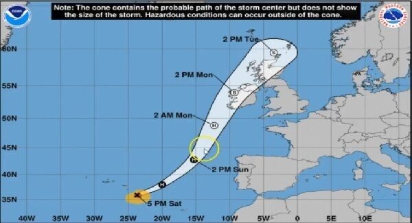 The predicted path of hurricane Ophelia. Courtesy of national world weather&nbsp;service