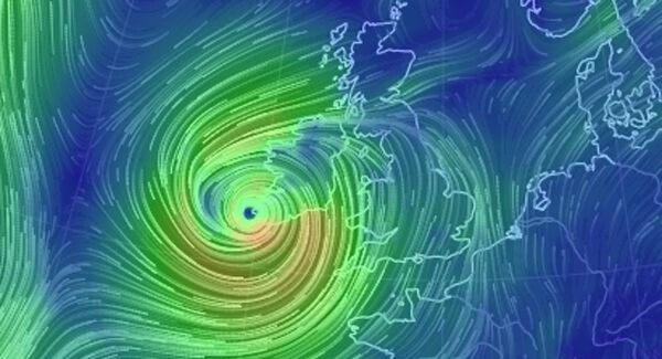 Computer-generated projection of where the &rsquo;Ophelia&rsquo; weather system will be at 1pm on Monday, taken at 10.30pm on Saturday, Oct 14. Pic: earth.nullschool.net