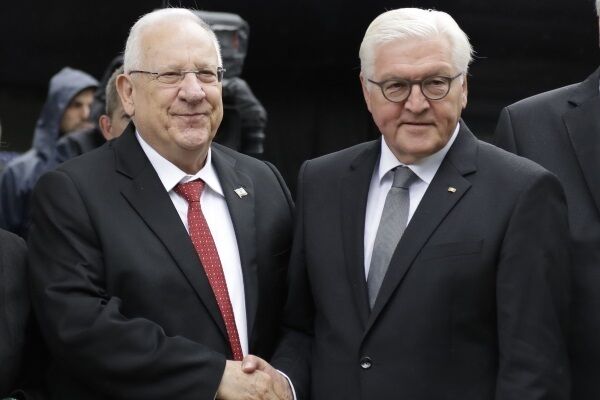 German President Frank-Walter Steinmeier, right, welcomes Israeli President Reuven Rivlin for the opening ceremony at the new memorial. German President Frank-Walter Steinmeier, right, welcomes Israeli President Reuven Rivlin for the opening ceremony at the new memorial.