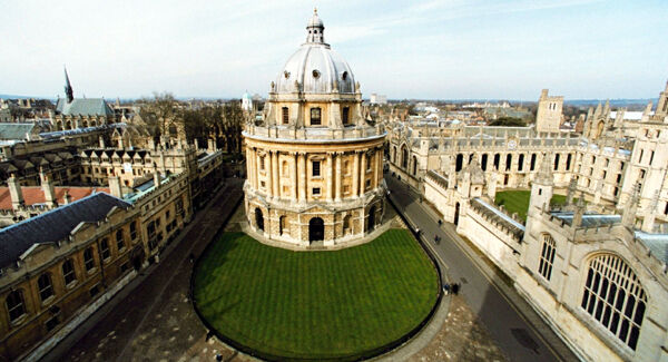A view of (L-R) Brasenose College, the Radcliffe Camera (a library), the Codrington Library and All Souls' College in Oxford.