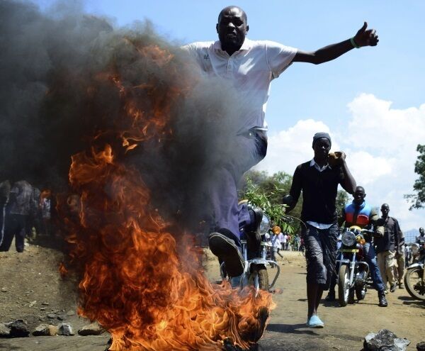 National Super Alliance (NASA) supporters in Kenya's lakeside city of Kisumu, Kenya, burn tyres in the streets today. National Super Alliance (NASA) supporters in Kenya's lakeside city of Kisumu, Kenya, burn tyres in the streets today.