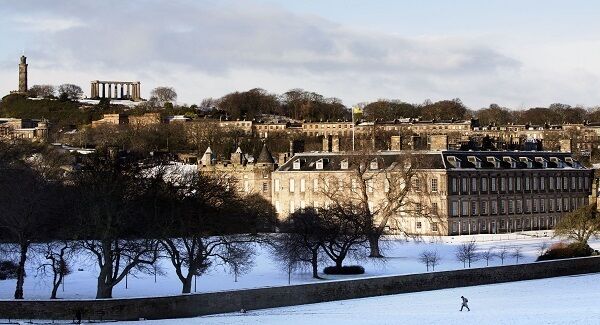 Snow blankets the grounds of the Palace of Holyroodhouse, the Queen's official residence in Edinburgh.